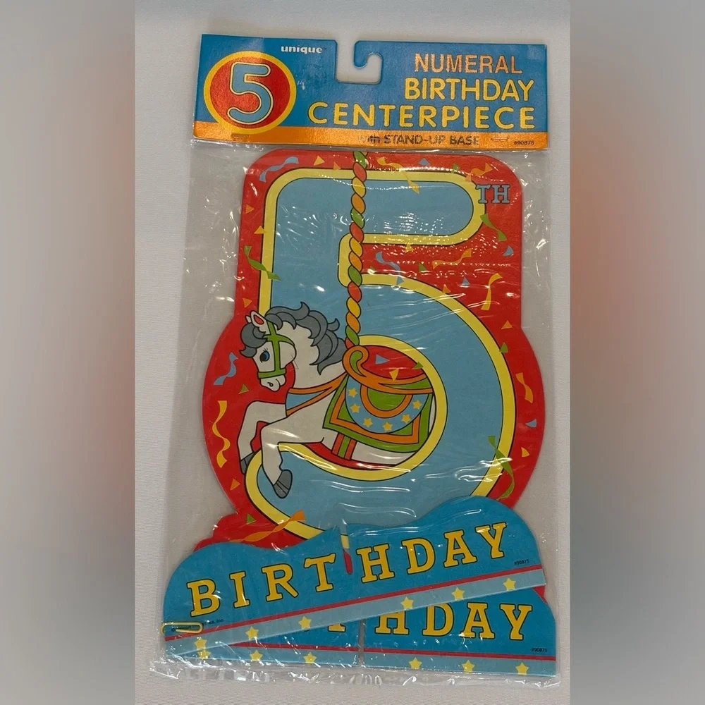 VINTAGE Adorable Carousel Themed Birthday Centerpiece Number 5 Red and Blue NIB